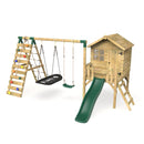 Rebo Orchard 4FT Wooden Playhouse + Swings, Rock Wall, Deck & 6FT Slide – Sage Green