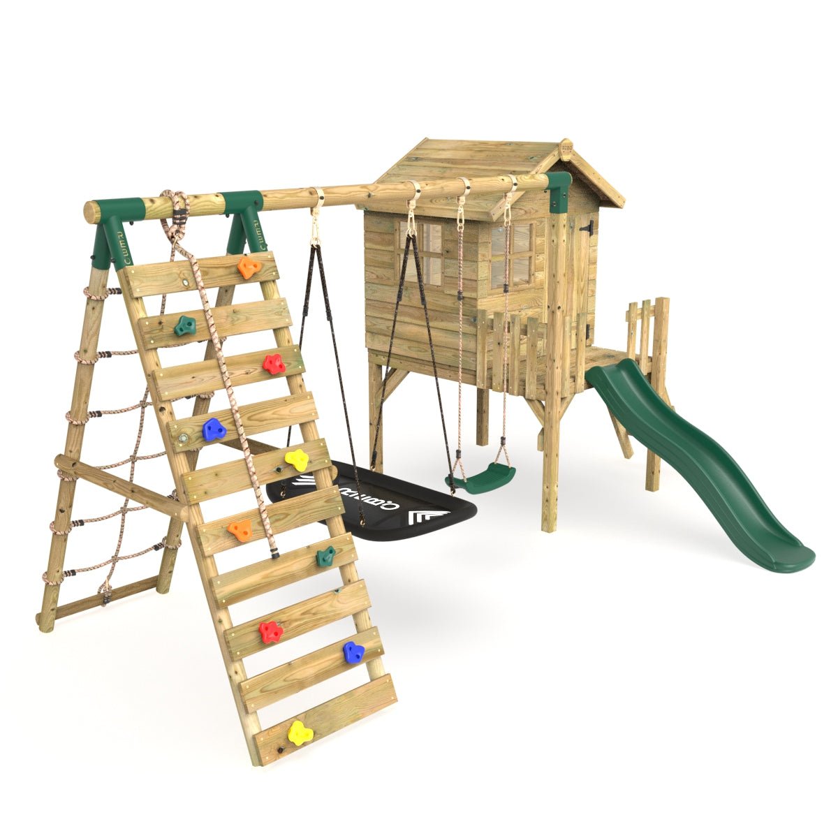 Rebo Orchard 4FT Wooden Playhouse + Swings, Rock Wall, Deck & 6FT Slide – Sage Green