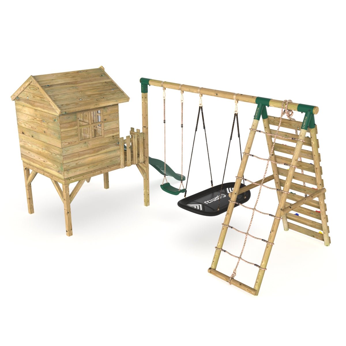Rebo Orchard 4FT Wooden Playhouse + Swings, Rock Wall, Deck & 6FT Slide – Sage Green
