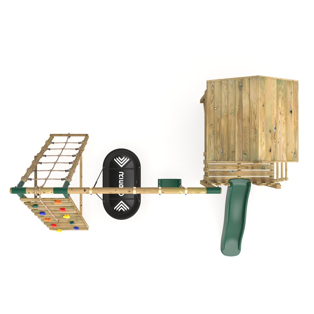 Rebo Orchard 4FT Wooden Playhouse + Swings, Rock Wall, Deck & 6FT Slide – Sage Green