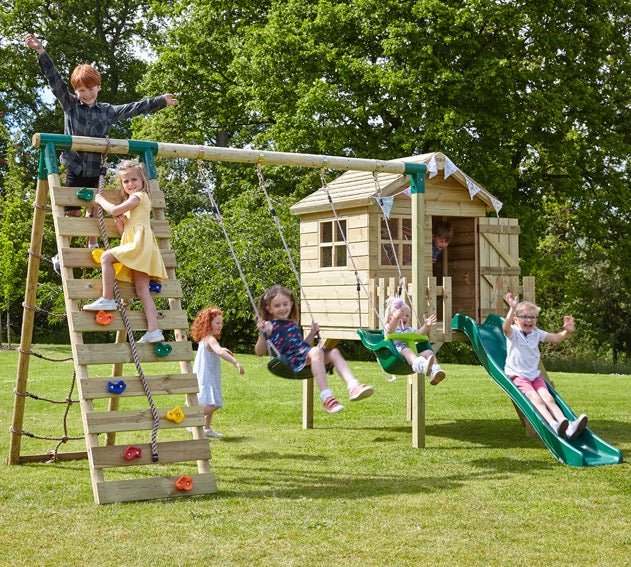 Rebo Orchard 4FT Wooden Playhouse + Swings, Rock Wall, Deck & 6FT Slide – Sage Green