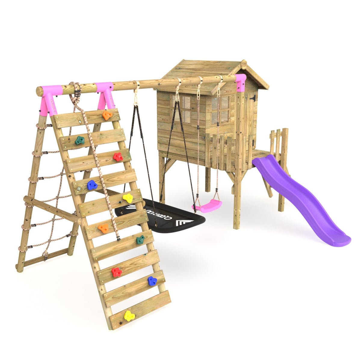 Rebo Orchard 4FT Wooden Playhouse + Swings, Rock Wall, Deck & 6FT Slide – Sage Purple