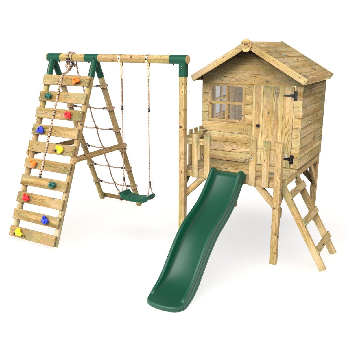 Rebo Orchard 4FT Wooden Playhouse + Swings, Rock Wall, Deck & 6FT Slide – Solar Green