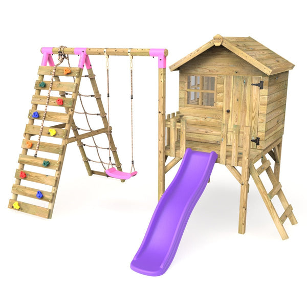 Rebo Orchard 4FT Wooden Playhouse + Swings, Rock Wall, Deck & 6FT Slide – Solar Purple