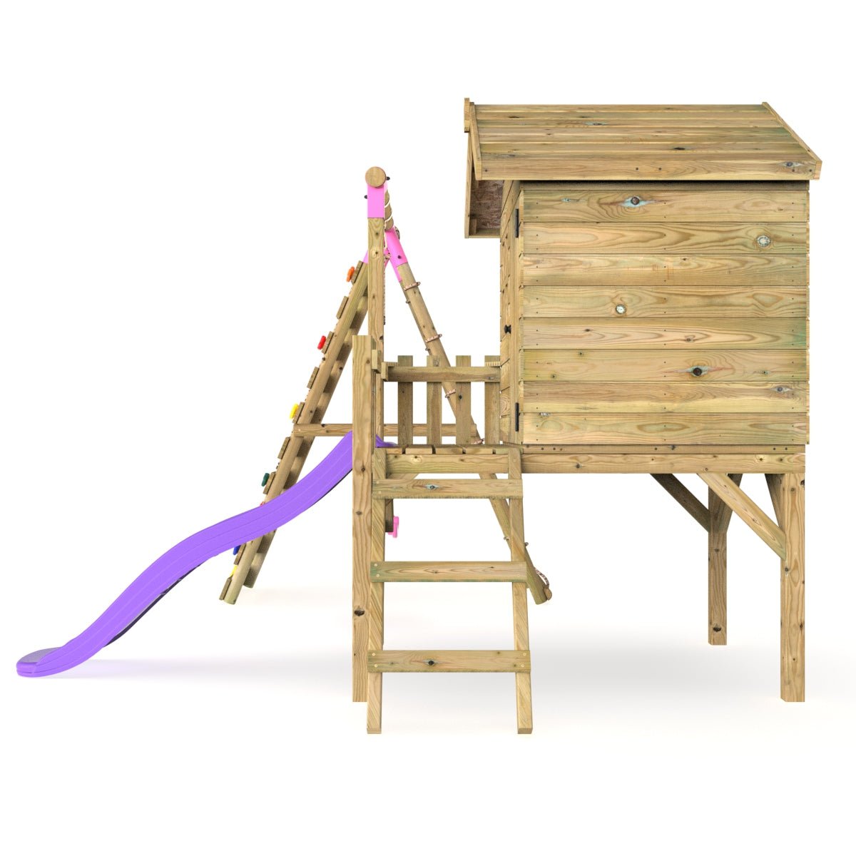 Rebo Orchard 4FT Wooden Playhouse + Swings, Rock Wall, Deck & 6FT Slide – Solar Purple