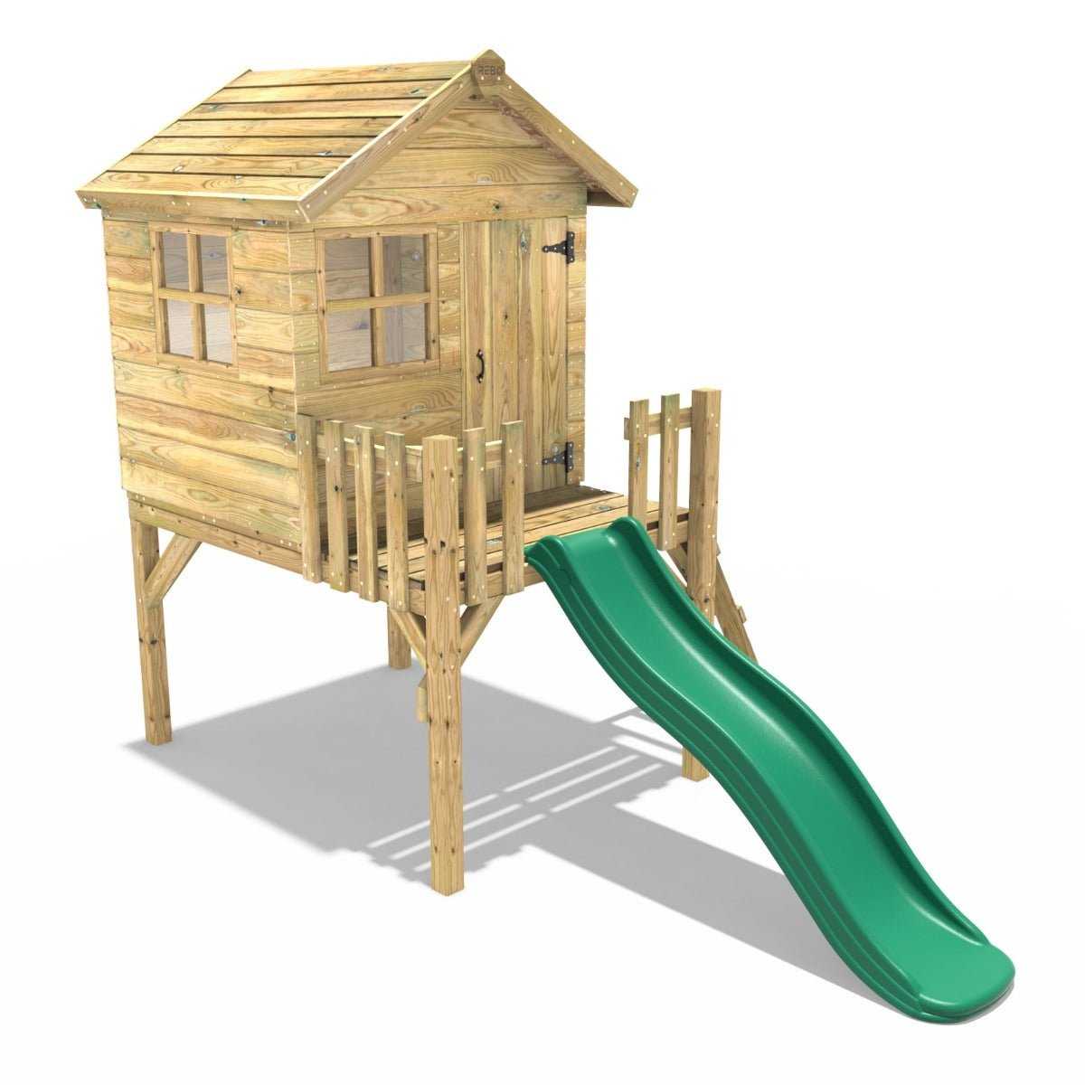 Rebo Orchard 4FT x 4FT Wooden Playhouse On 900mm Deck + 6FT Slide – Swan D Green