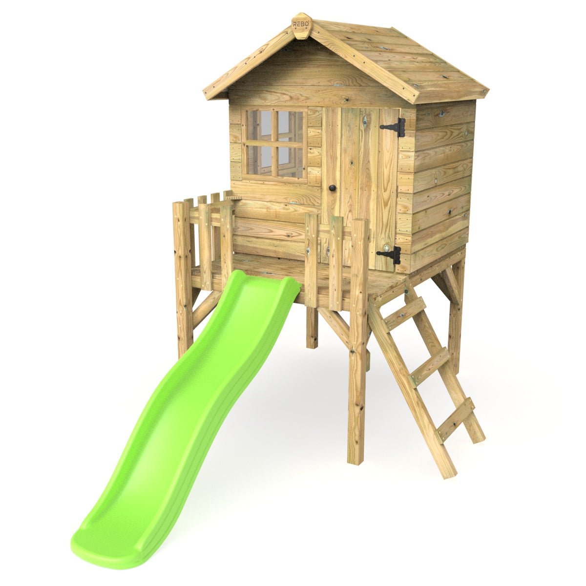 Rebo Orchard 4FT x 4FT Wooden Playhouse On 900mm Deck + 6FT Slide – Swan L Green
