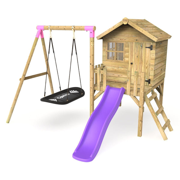 Rebo Orchard 4FT x 4FT Wooden Playhouse + Swings, 900mm Deck & 6FT Slide - Boat Purple