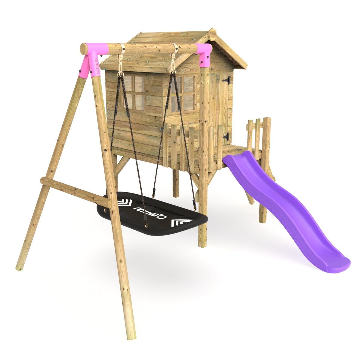 Rebo Orchard 4FT x 4FT Wooden Playhouse + Swings, 900mm Deck & 6FT Slide - Boat Purple