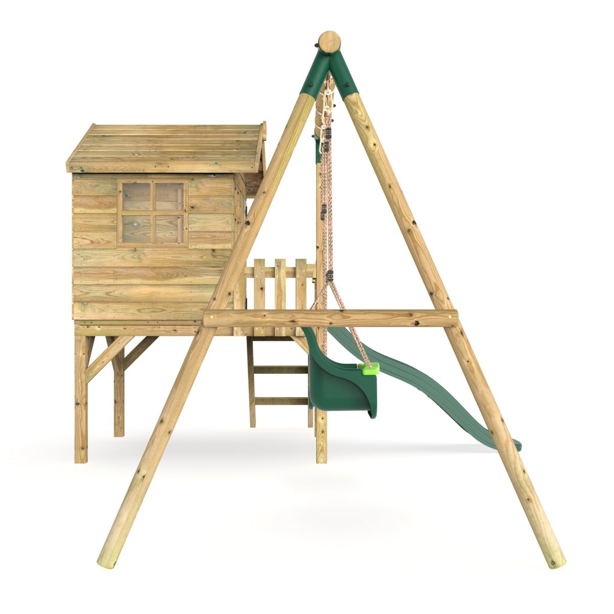 Rebo Orchard 4FT x 4FT Wooden Playhouse + Swings, 900mm Deck & 6FT Slide - Luna Green