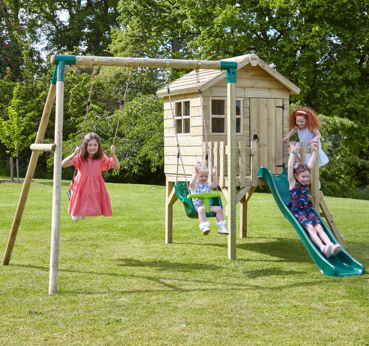 Rebo Orchard 4FT x 4FT Wooden Playhouse + Swings, 900mm Deck & 6FT Slide - Luna Green