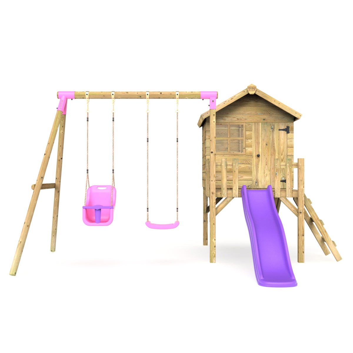 Rebo Orchard 4FT x 4FT Wooden Playhouse + Swings, 900mm Deck & 6FT Slide - Luna Purple