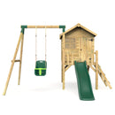 Rebo Orchard 4FT x 4FT Wooden Playhouse + Swings, 900mm Deck & 6FT Slide - Pluto Green