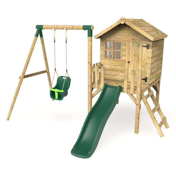 Rebo Orchard 4FT x 4FT Wooden Playhouse + Swings, 900mm Deck & 6FT Slide - Pluto Green