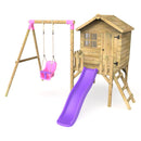 Rebo Orchard 4FT x 4FT Wooden Playhouse + Swings, 900mm Deck & 6FT Slide - Pluto Purple