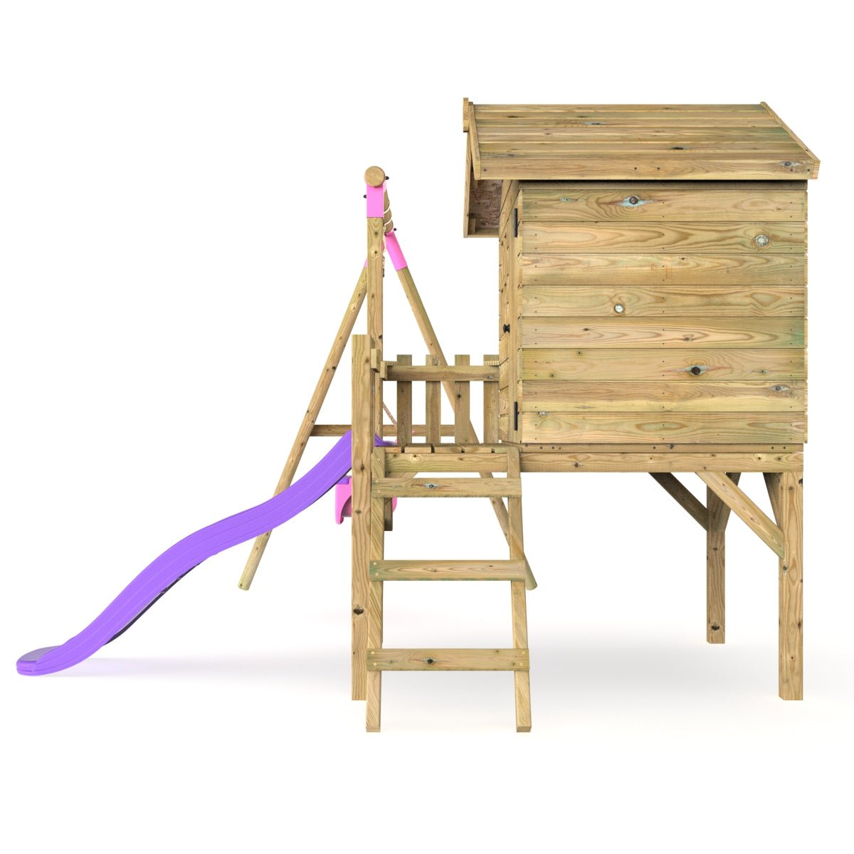 Rebo Orchard 4FT x 4FT Wooden Playhouse + Swings, 900mm Deck & 6FT Slide - Pluto Purple