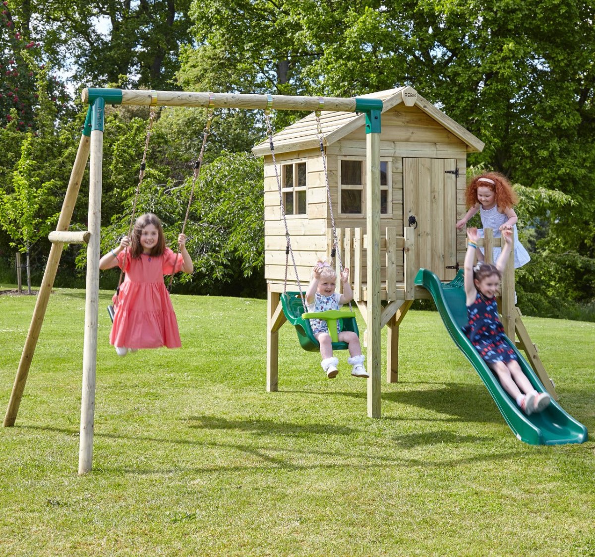 Rebo Orchard 4FT x 4FT Wooden Playhouse + Swings, 900mm Deck & 6FT Slide - Sage Green