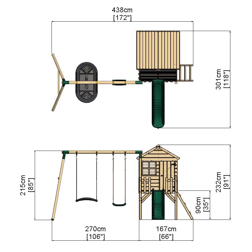 Rebo Orchard 4FT x 4FT Wooden Playhouse + Swings, 900mm Deck & 6FT Slide - Sage Green
