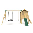 Rebo Orchard 4FT x 4FT Wooden Playhouse + Swings, 900mm Deck & 6FT Slide - Sage Green