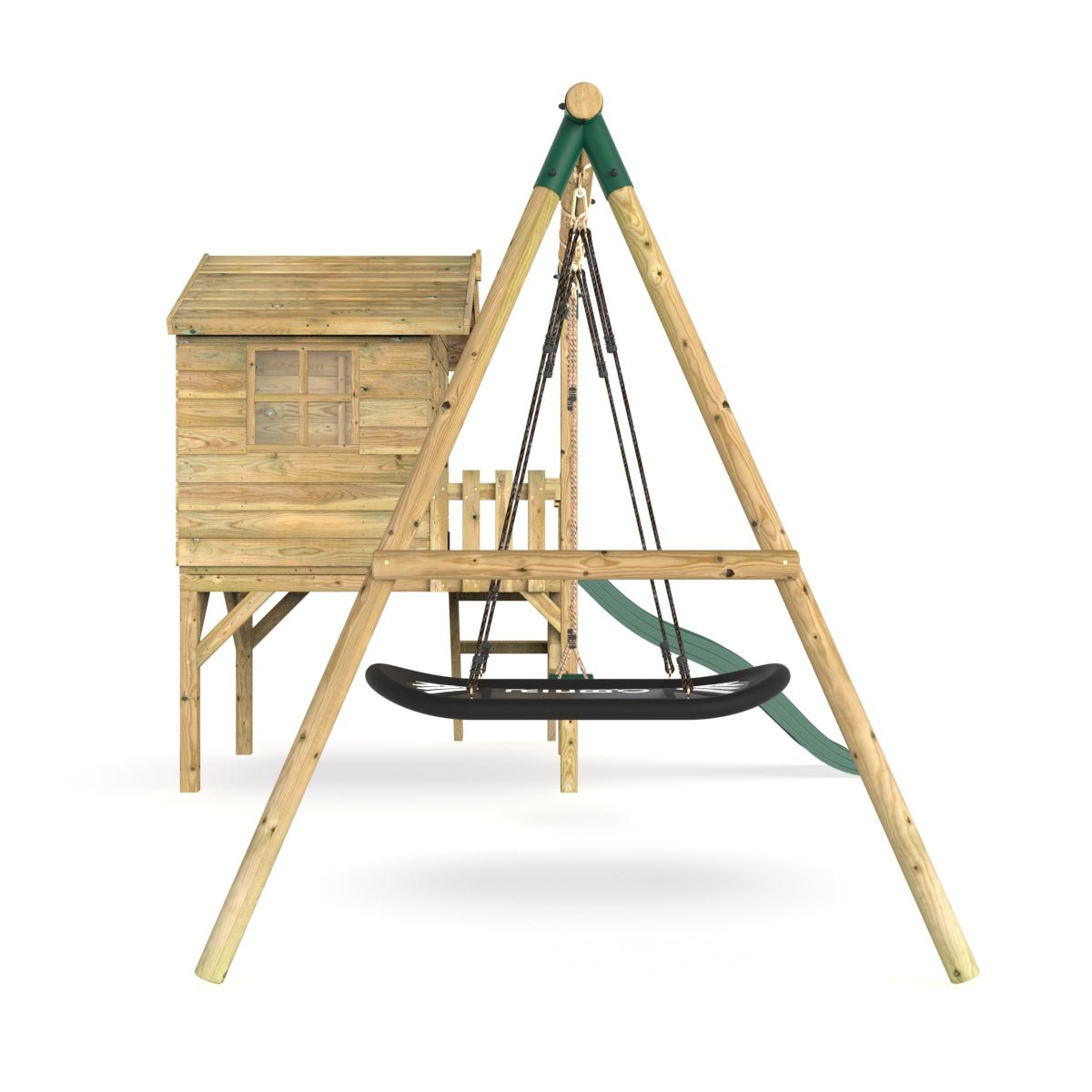 Rebo Orchard 4FT x 4FT Wooden Playhouse + Swings, 900mm Deck & 6FT Slide - Sage Green