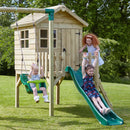 Rebo Orchard 4FT x 4FT Wooden Playhouse + Swings, 900mm Deck & 6FT Slide - Sage Green