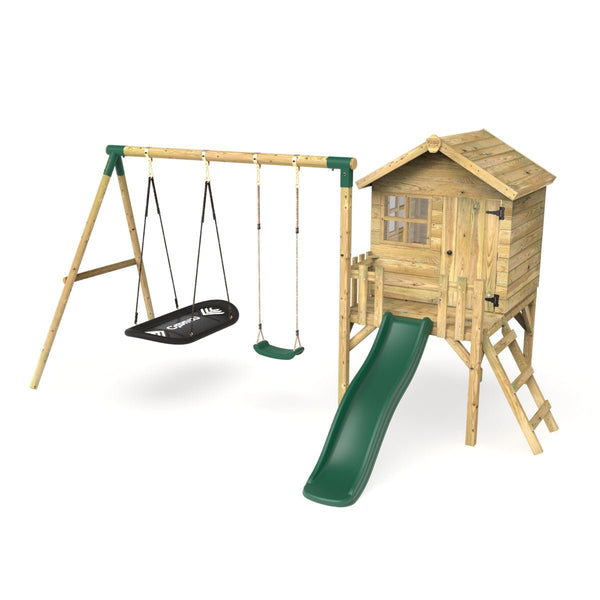 Rebo Orchard 4FT x 4FT Wooden Playhouse + Swings, 900mm Deck & 6FT Slide - Sage Green