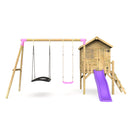 Rebo Orchard 4FT x 4FT Wooden Playhouse + Swings, 900mm Deck & 6FT Slide - Sage Purple