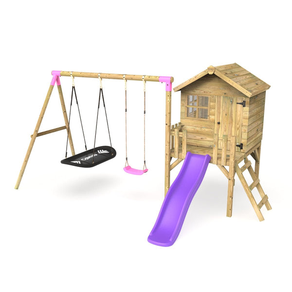 Rebo Orchard 4FT x 4FT Wooden Playhouse + Swings, 900mm Deck & 6FT Slide - Sage Purple