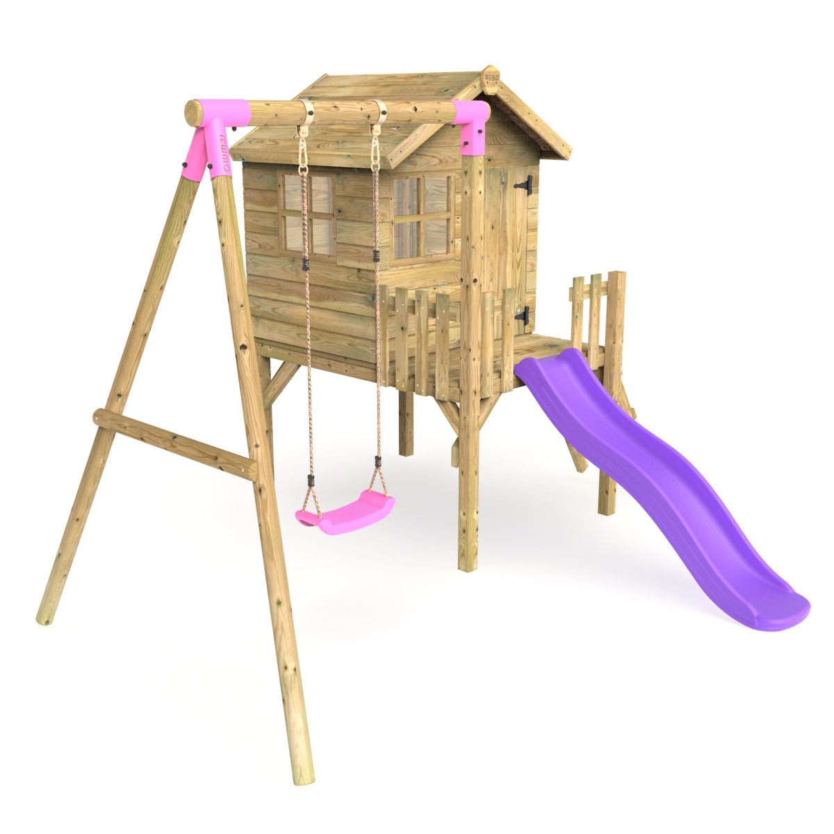 Rebo Orchard 4FT x 4FT Wooden Playhouse + Swings, 900mm Deck & 6FT Slide - Solar Purple