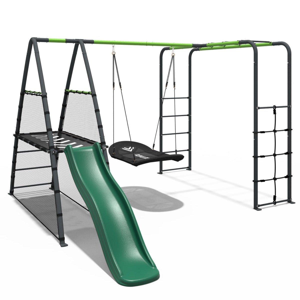 Rebo Steel Series Metal Swing Set + Monkey Bars & Slide - Boat Green