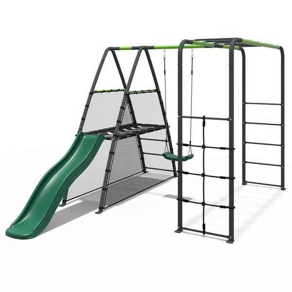 Rebo Steel Series Metal Swing Set + Monkey Bars & Slide - Single Green