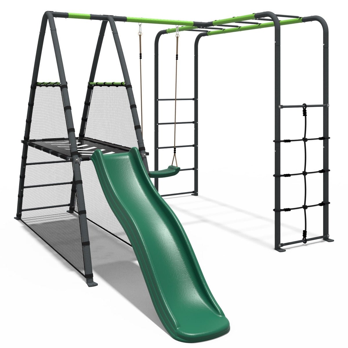 Rebo Steel Series Metal Swing Set + Monkey Bars & Slide - Single Green