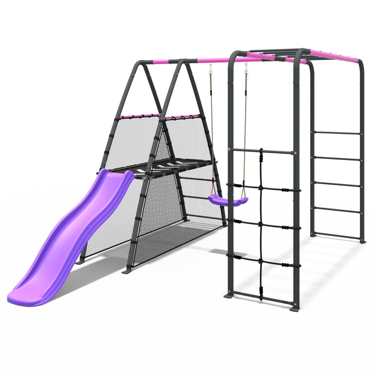 Rebo Steel Series Metal Swing Set + Monkey Bars & Slide - Single Pink