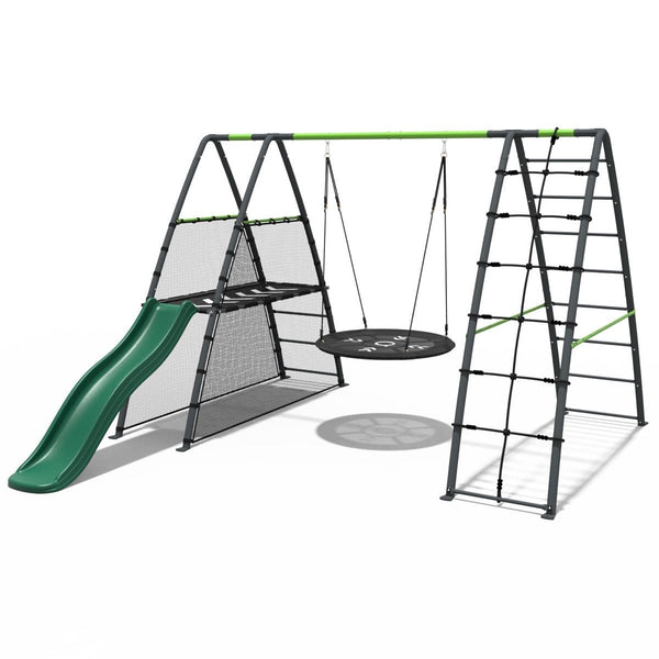 Rebo Steel Series Metal Swing Set + Up and Over wall & 6ft Slide - Nest Green