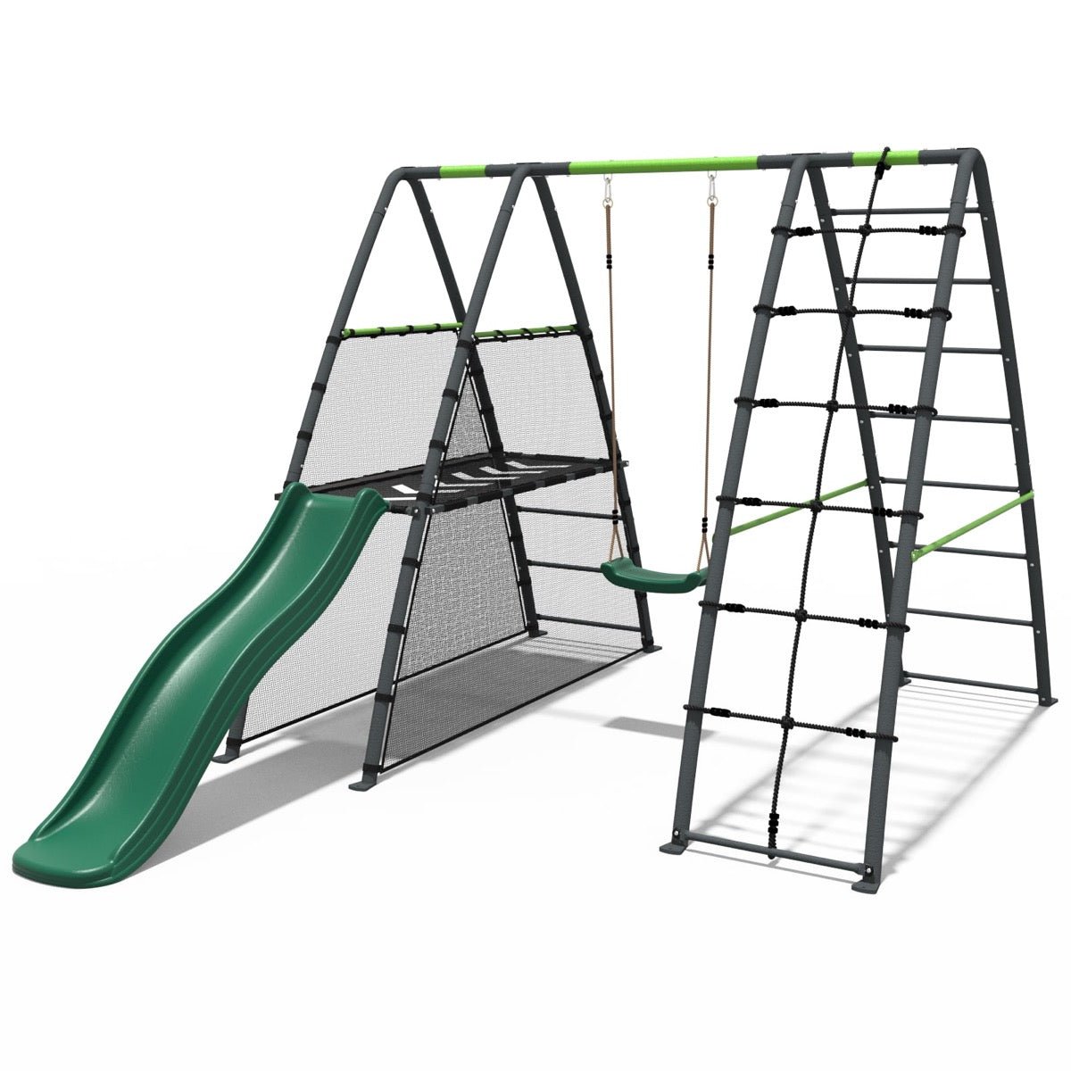 Rebo Steel Series Metal Swing Set + Up and Over wall & 6ft Slide - Single Green