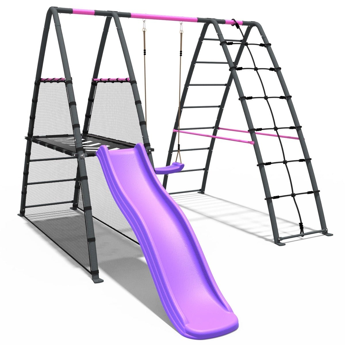 Rebo Steel Series Metal Swing Set + Up and Over wall & 6ft Slide - Single Pink