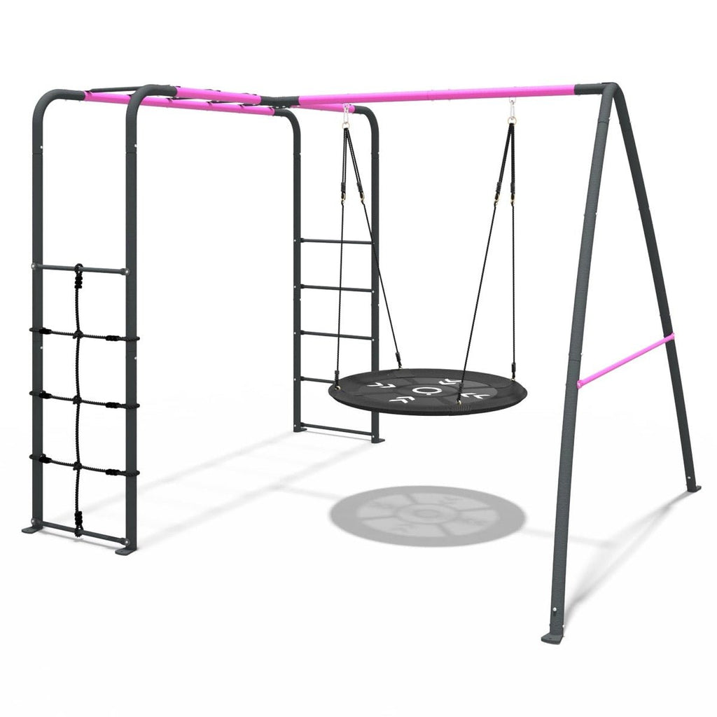 Rebo Pink Metal Swing Set with Monkey Bars & Nest Swing