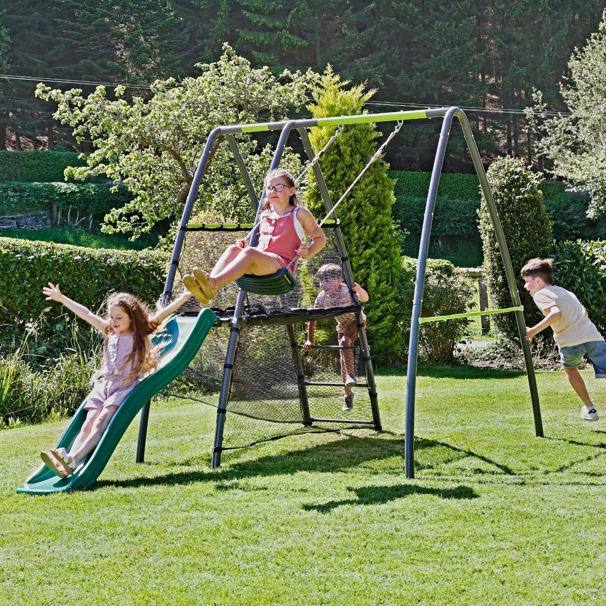 Rebo Steel Series Metal Swing Set with Slide Platform & 6ft Slide - Single Pink
