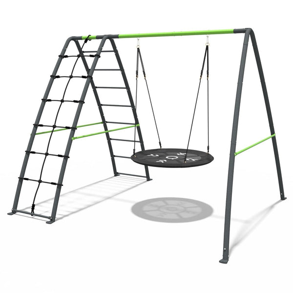 Rebo Steel Series Metal Swing Set with Up and Over wall - Nest Swing Green