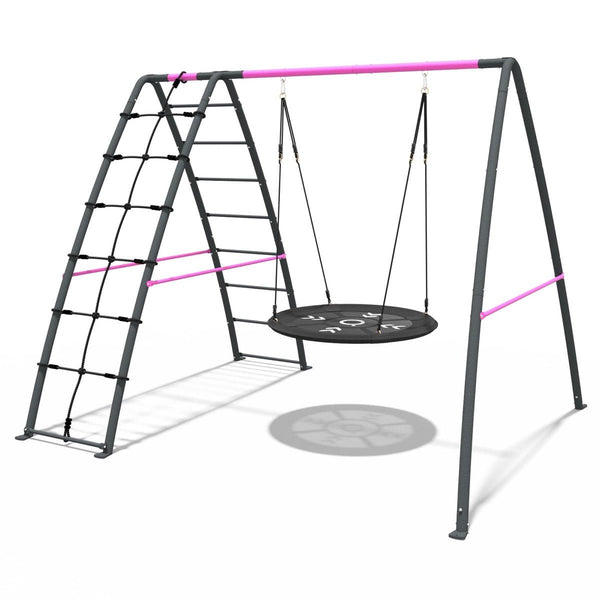 Rebo Steel Series Metal Swing Set with Up and Over wall - Nest Swing Pink