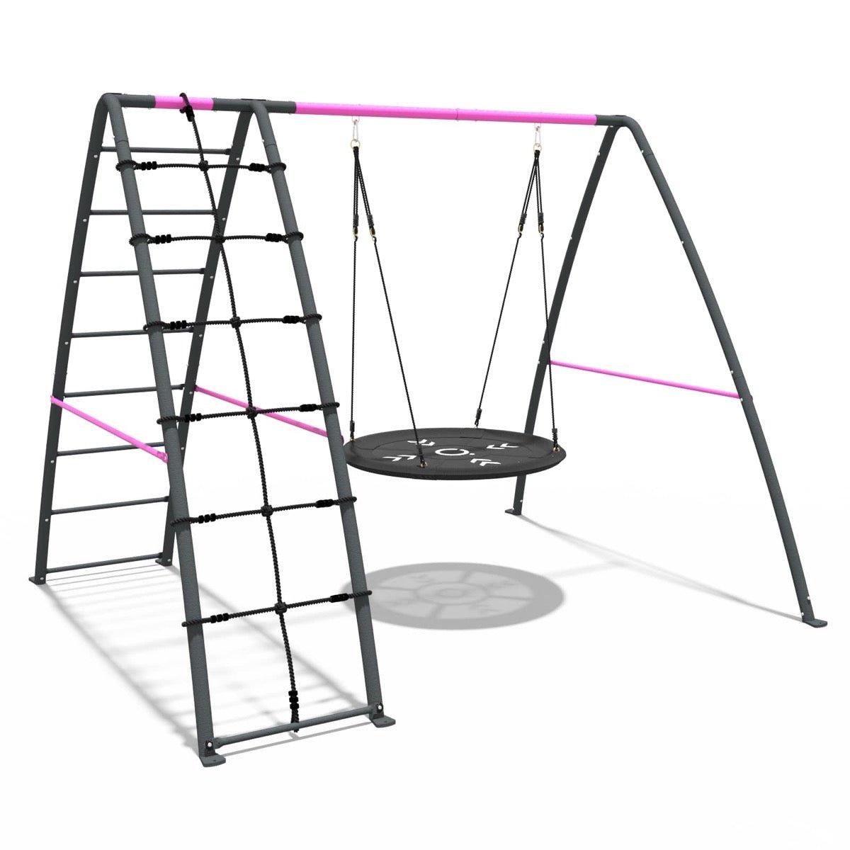 Rebo Steel Series Metal Swing Set with Up and Over wall - Nest Swing Pink
