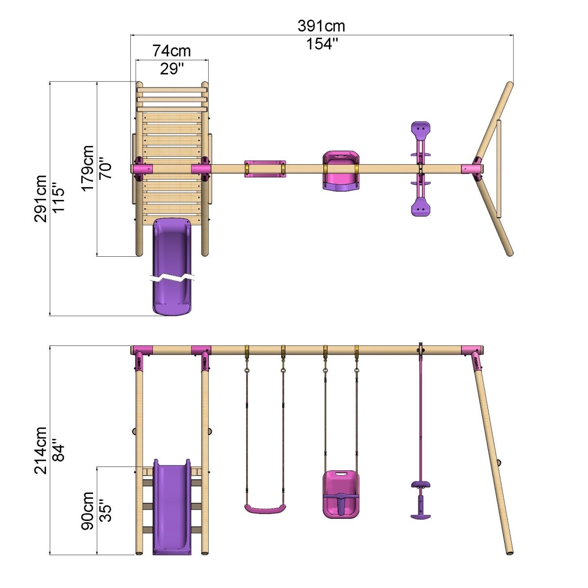 Rebo Voyager Wooden Swing Set with Platform and Slide Pink