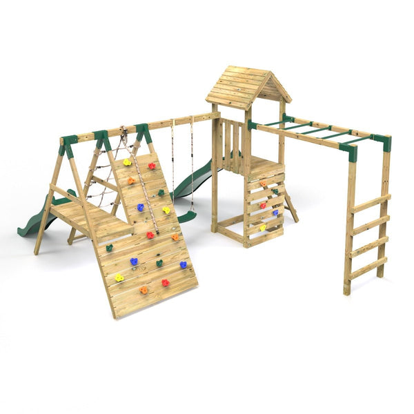 Rebo Wooden Climbing Frame with Swings, 2 Slides, Up & over Climbing wall and Monkey Bars - Brecon