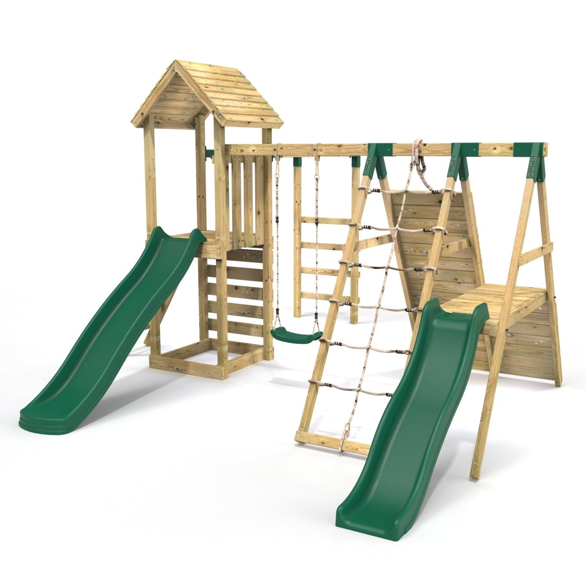 Rebo Wooden Climbing Frame with Swings, 2 Slides, Up & over Climbing wall and Monkey Bars - Brecon