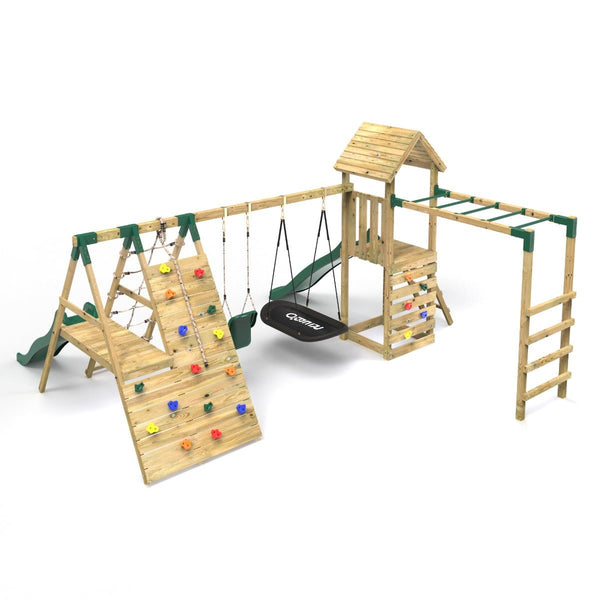 Rebo Wooden Climbing Frame with Swings, 2 Slides, Up & over Climbing wall and Monkey Bars - Cairngorm