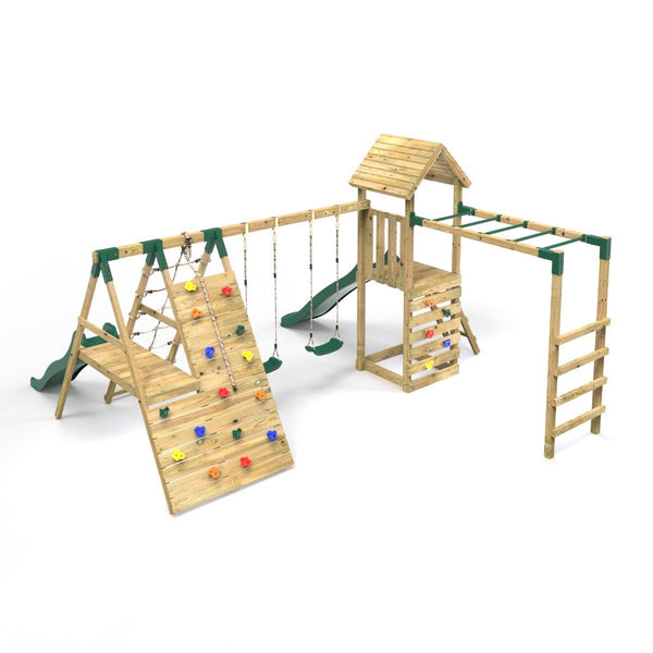 Rebo Wooden Climbing Frame with Swings, 2 Slides, Up & over Climbing wall and Monkey Bars - Pennine