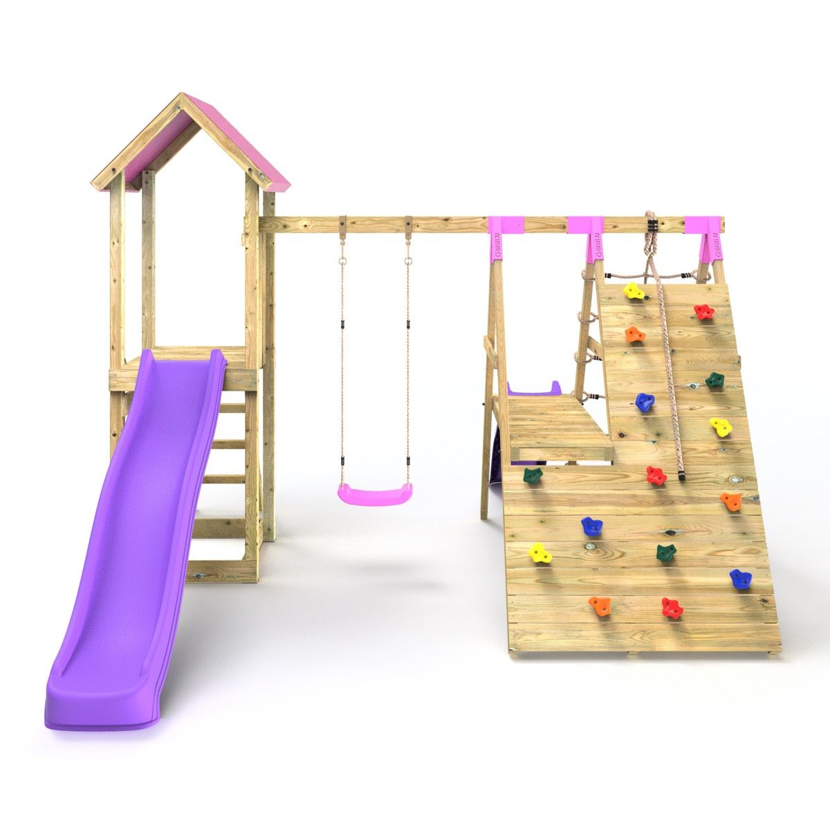 Rebo Wooden Climbing Frame with Swings, 6+8FT Slides & Climbing Wall - Alverstone Pink