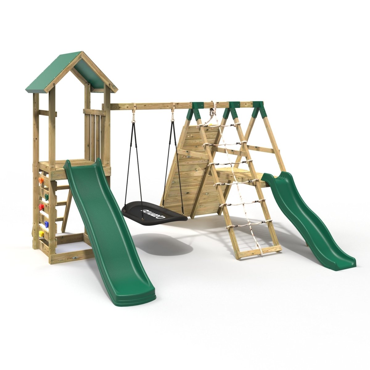 Rebo Wooden Climbing Frame with Swings, 6+8FT Slides & Climbing Wall - Crestone