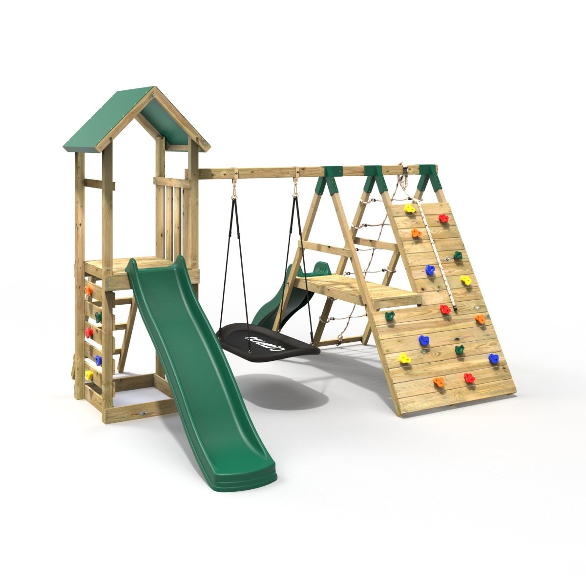 Rebo Wooden Climbing Frame with Swings, 6+8FT Slides & Climbing Wall - Crestone