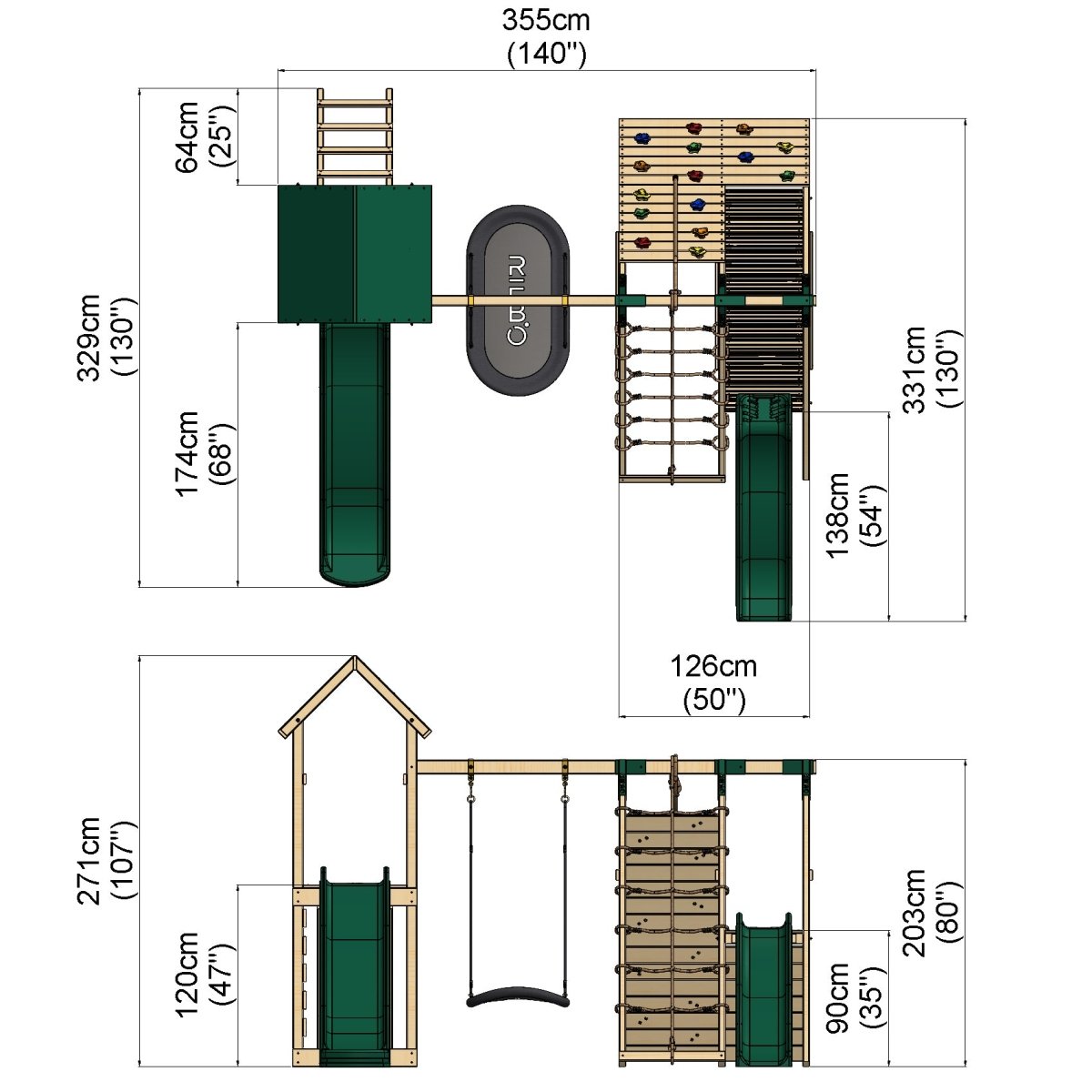 Rebo Wooden Climbing Frame with Swings, 6+8FT Slides & Climbing Wall - Crestone